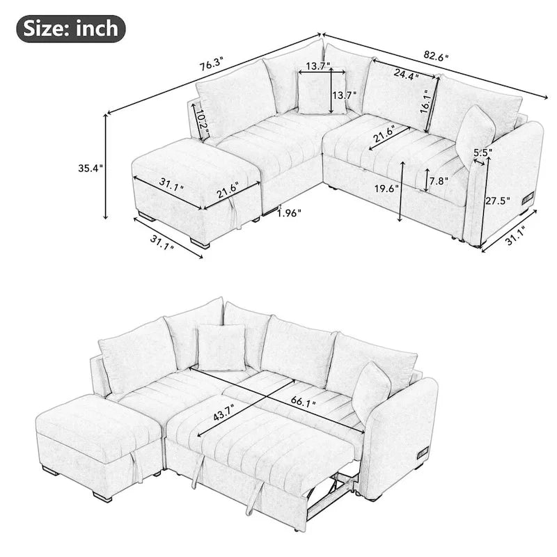 L-shaped Sectional Pull Out Sofa Bed Sleeper Sofa USB,Power Sockets and a Movable Storage Ottoman, Gray