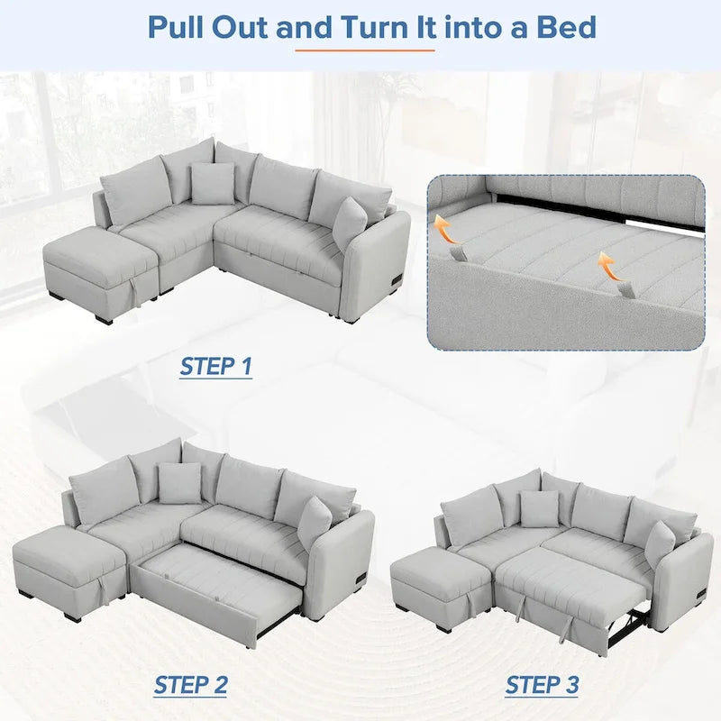 L-shaped Sectional Pull Out Sofa Bed Sleeper Sofa USB,Power Sockets and a Movable Storage Ottoman, Gray