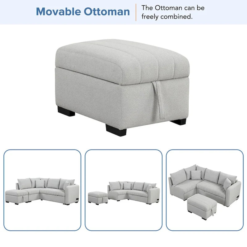 L-shaped Sectional Pull Out Sofa Bed Sleeper Sofa USB,Power Sockets and a Movable Storage Ottoman, Gray