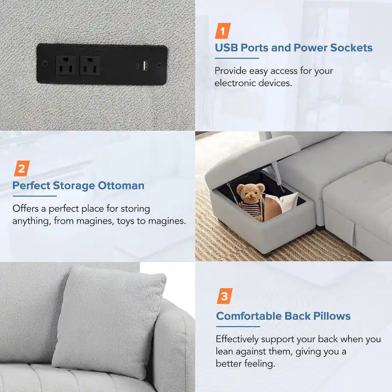 L-shaped Sectional Pull Out Sofa Bed Sleeper Sofa USB,Power Sockets and a Movable Storage Ottoman, Gray