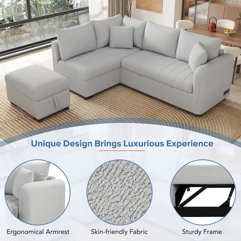 L-shaped Sectional Pull Out Sofa Bed Sleeper Sofa USB,Power Sockets and a Movable Storage Ottoman, Gray