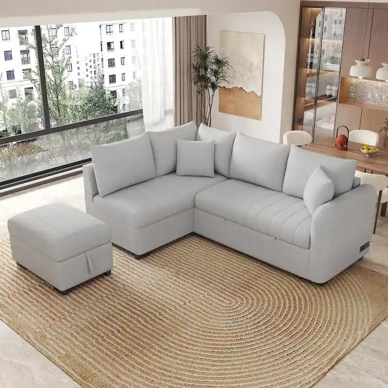 L-shaped Sectional Pull Out Sofa Bed Sleeper Sofa USB,Power Sockets and a Movable Storage Ottoman, Gray