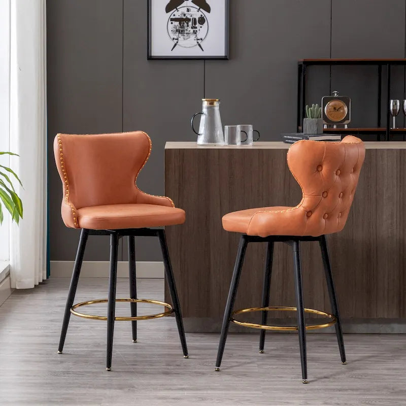 Counter Height Modern Leathaire Fabric Bar Chairs with Swivel and Tufted Gold Nailhead Trim Set of 2