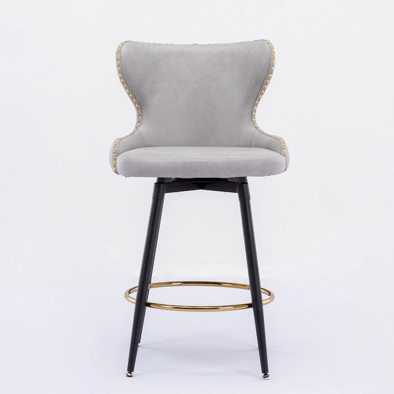 Counter Height Modern Leathaire Fabric Bar Chairs with Swivel and Tufted Gold Nailhead Trim Set of 2