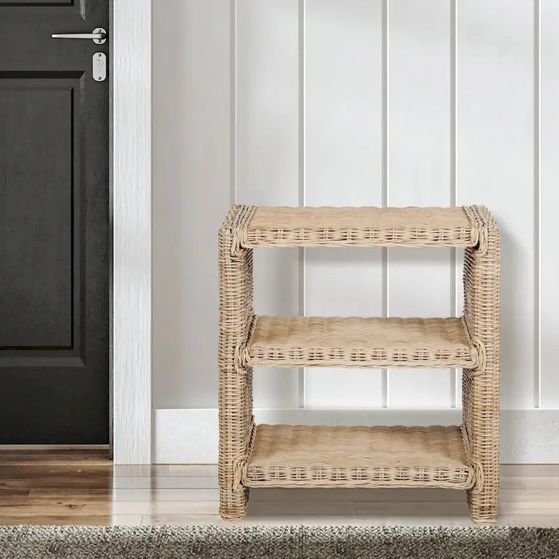 Spiroa 22 Coastal Bohemian Rattan/Wood 3 Tier End Table, Natural, by JONATHAN Y - 22.04