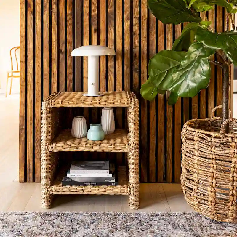 Spiroa 22 Coastal Bohemian Rattan/Wood 3 Tier End Table, Natural, by JONATHAN Y - 22.04