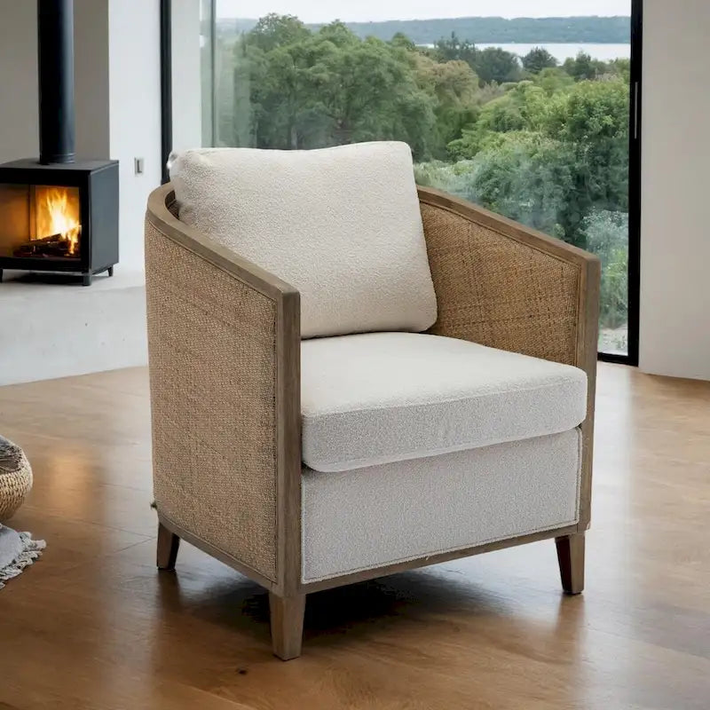 Swivel Barrel Chair with Rattan Design, Leather Accent Sofa Chair, Club Chair with Pillow, Leisure Arm Chair for Living Room