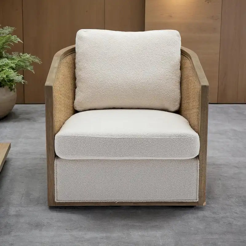 Swivel Barrel Chair with Rattan Design, Leather Accent Sofa Chair, Club Chair with Pillow, Leisure Arm Chair for Living Room