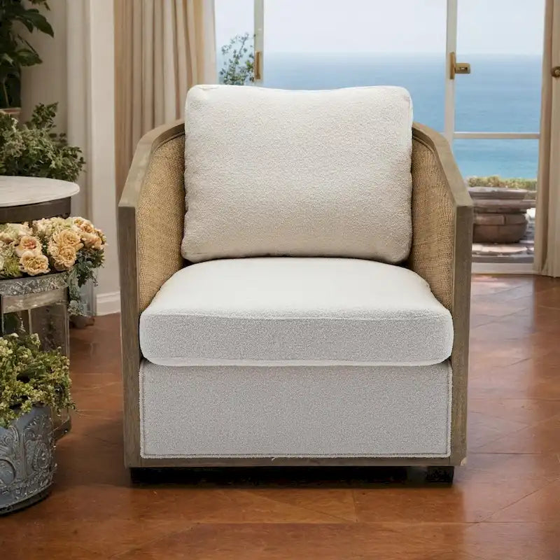 Swivel Barrel Chair with Rattan Design, Leather Accent Sofa Chair, Club Chair with Pillow, Leisure Arm Chair for Living Room