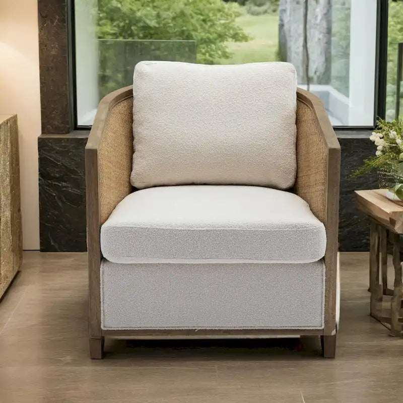 Swivel Barrel Chair with Rattan Design, Leather Accent Sofa Chair, Club Chair with Pillow, Leisure Arm Chair for Living Room