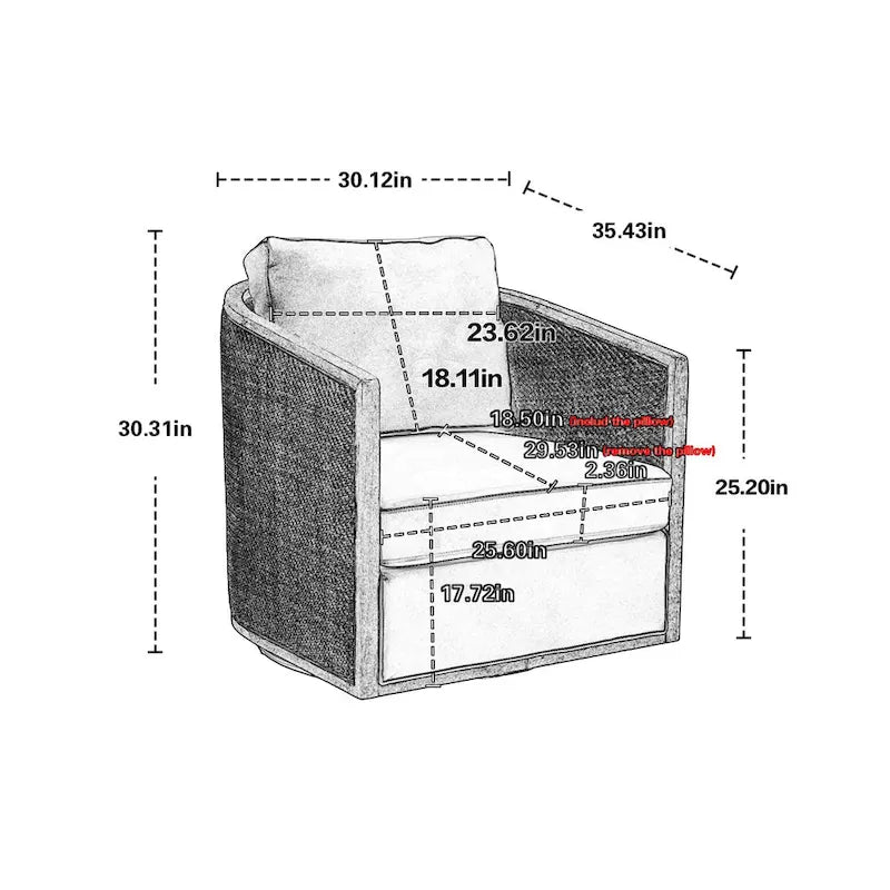 Swivel Barrel Chair with Rattan Design, Leather Accent Sofa Chair, Club Chair with Pillow, Leisure Arm Chair for Living Room