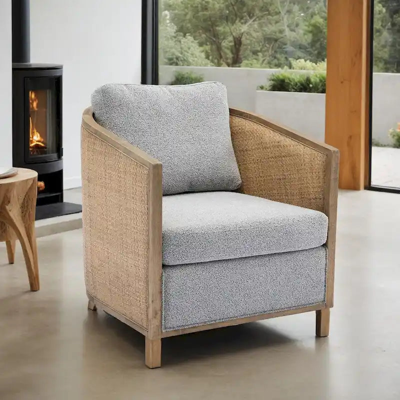 Swivel Barrel Chair with Rattan Design, Leather Accent Sofa Chair, Club Chair with Pillow, Leisure Arm Chair for Living Room