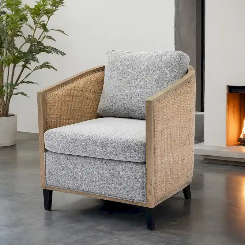 Swivel Barrel Chair with Rattan Design, Leather Accent Sofa Chair, Club Chair with Pillow, Leisure Arm Chair for Living Room