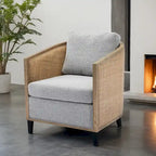 Swivel Barrel Chair with Rattan Design, Leather Accent Sofa Chair, Club Chair with Pillow, Leisure Arm Chair for Living Room