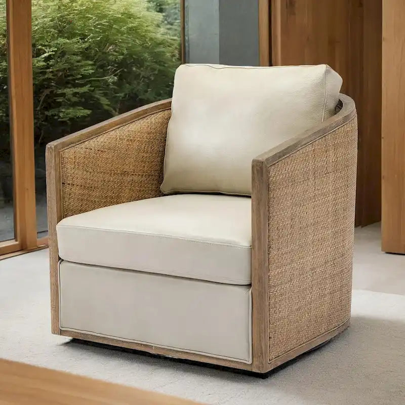 Swivel Barrel Chair with Rattan Design, Leather Accent Sofa Chair, Club Chair with Pillow, Leisure Arm Chair for Living Room