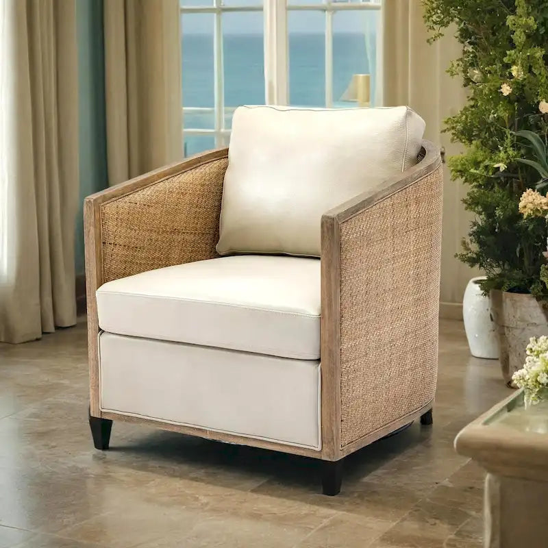 Swivel Barrel Chair with Rattan Design, Leather Accent Sofa Chair, Club Chair with Pillow, Leisure Arm Chair for Living Room