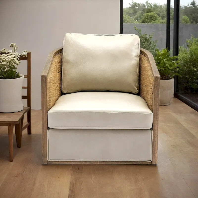 Swivel Barrel Chair with Rattan Design, Leather Accent Sofa Chair, Club Chair with Pillow, Leisure Arm Chair for Living Room