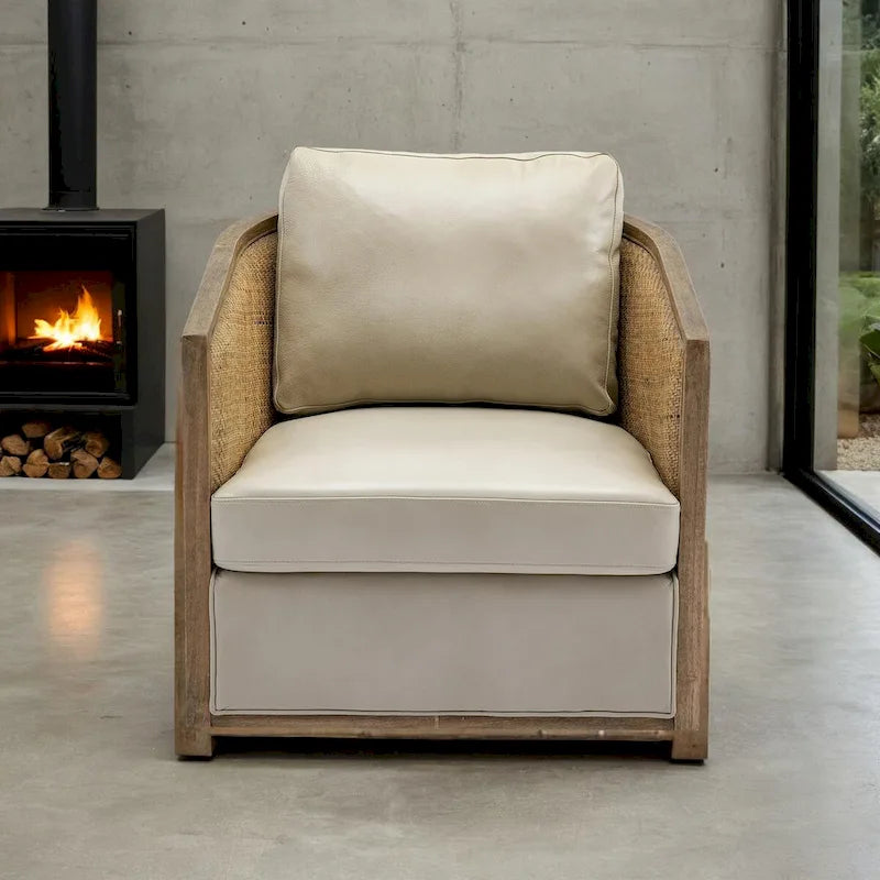 Swivel Barrel Chair with Rattan Design, Leather Accent Sofa Chair, Club Chair with Pillow, Leisure Arm Chair for Living Room