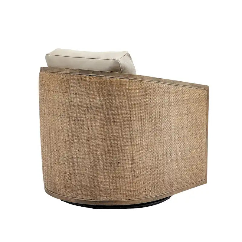 Swivel Barrel Chair with Rattan Design, Leather Accent Sofa Chair, Club Chair with Pillow, Leisure Arm Chair for Living Room