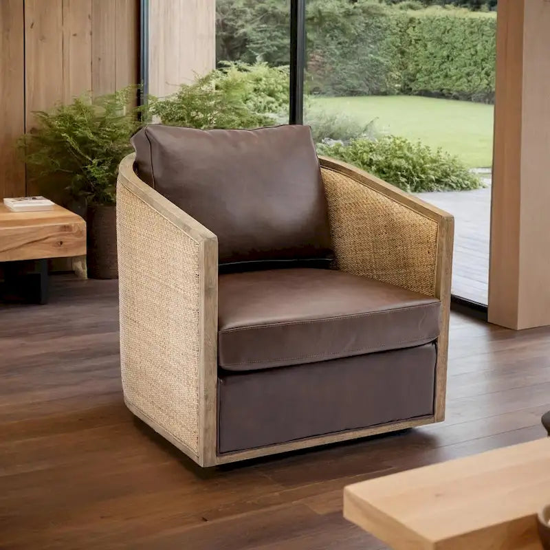 Swivel Barrel Chair with Rattan Design, Leather Accent Sofa Chair, Club Chair with Pillow, Leisure Arm Chair for Living Room