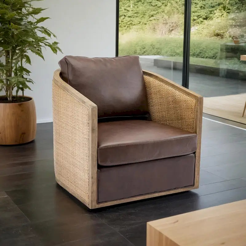 Swivel Barrel Chair with Rattan Design, Leather Accent Sofa Chair, Club Chair with Pillow, Leisure Arm Chair for Living Room