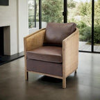 Swivel Barrel Chair with Rattan Design, Leather Accent Sofa Chair, Club Chair with Pillow, Leisure Arm Chair for Living Room