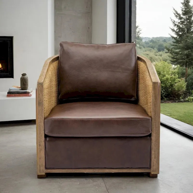 Swivel Barrel Chair with Rattan Design, Leather Accent Sofa Chair, Club Chair with Pillow, Leisure Arm Chair for Living Room