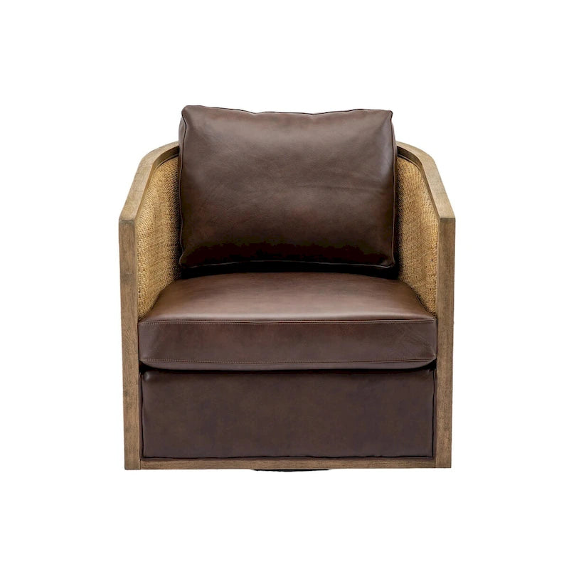 Swivel Barrel Chair with Rattan Design, Leather Accent Sofa Chair, Club Chair with Pillow, Leisure Arm Chair for Living Room