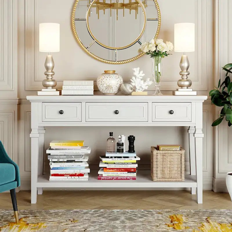 50 Farmhouse 50 Inch Classic Retro Console Three Top Drawers and Open Style Bottom Shelf, Sofa Table with Solid Wooden Frame
