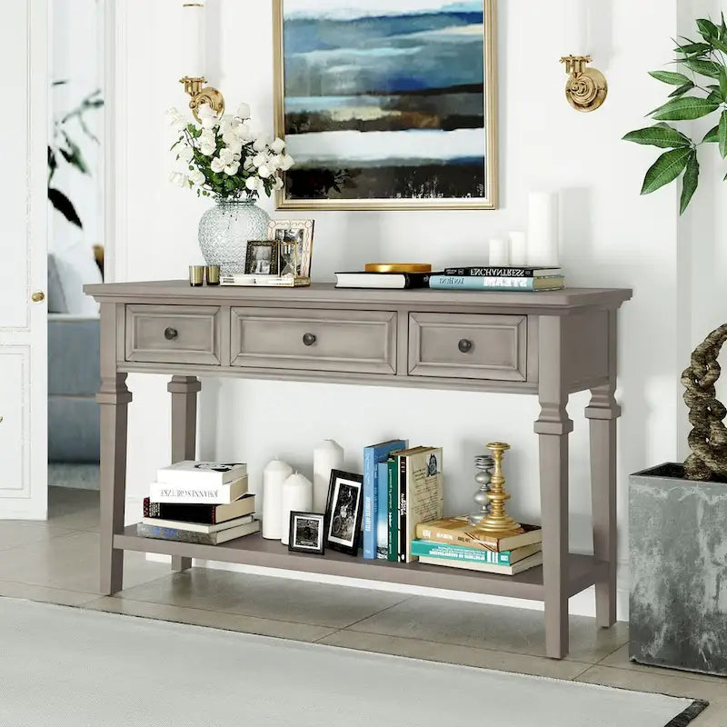 50 Farmhouse 50 Inch Classic Retro Console Three Top Drawers and Open Style Bottom Shelf, Sofa Table with Solid Wooden Frame