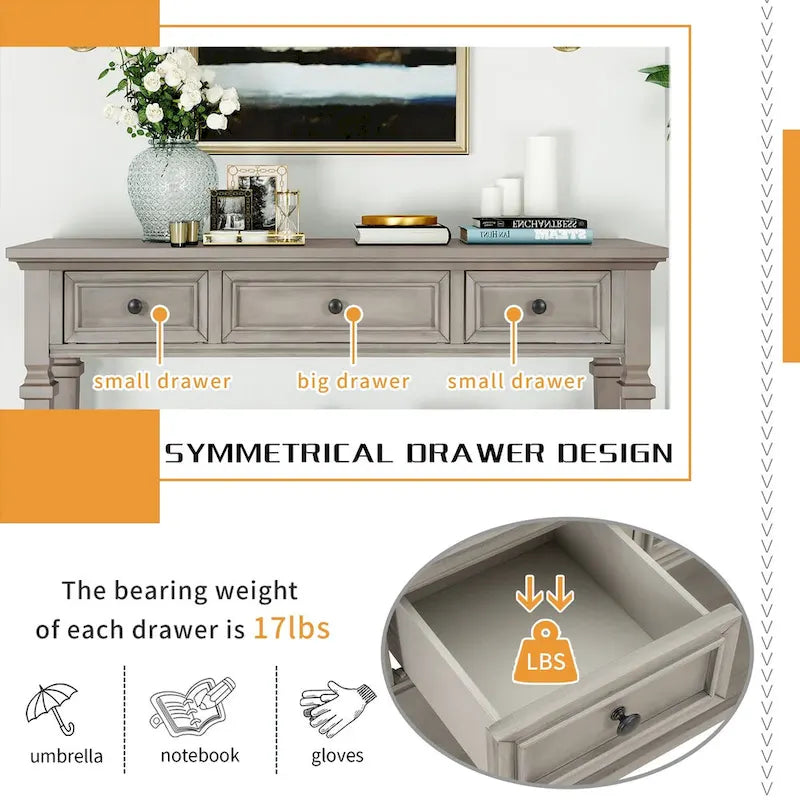 50 Farmhouse 50 Inch Classic Retro Console Three Top Drawers and Open Style Bottom Shelf, Sofa Table with Solid Wooden Frame