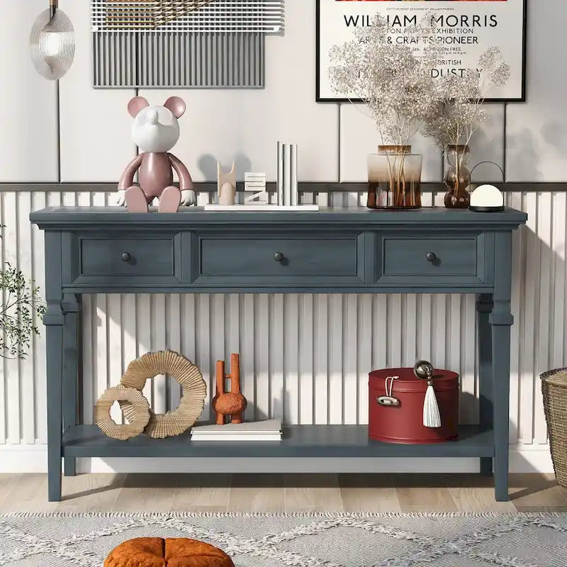50 Farmhouse 50 Inch Classic Retro Console Three Top Drawers and Open Style Bottom Shelf, Sofa Table with Solid Wooden Frame