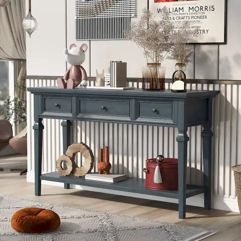 50 Farmhouse 50 Inch Classic Retro Console Three Top Drawers and Open Style Bottom Shelf, Sofa Table with Solid Wooden Frame