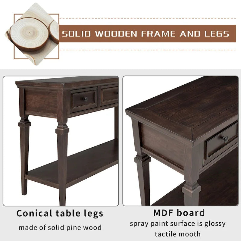 50 Farmhouse 50 Inch Classic Retro Console Three Top Drawers and Open Style Bottom Shelf, Sofa Table with Solid Wooden Frame