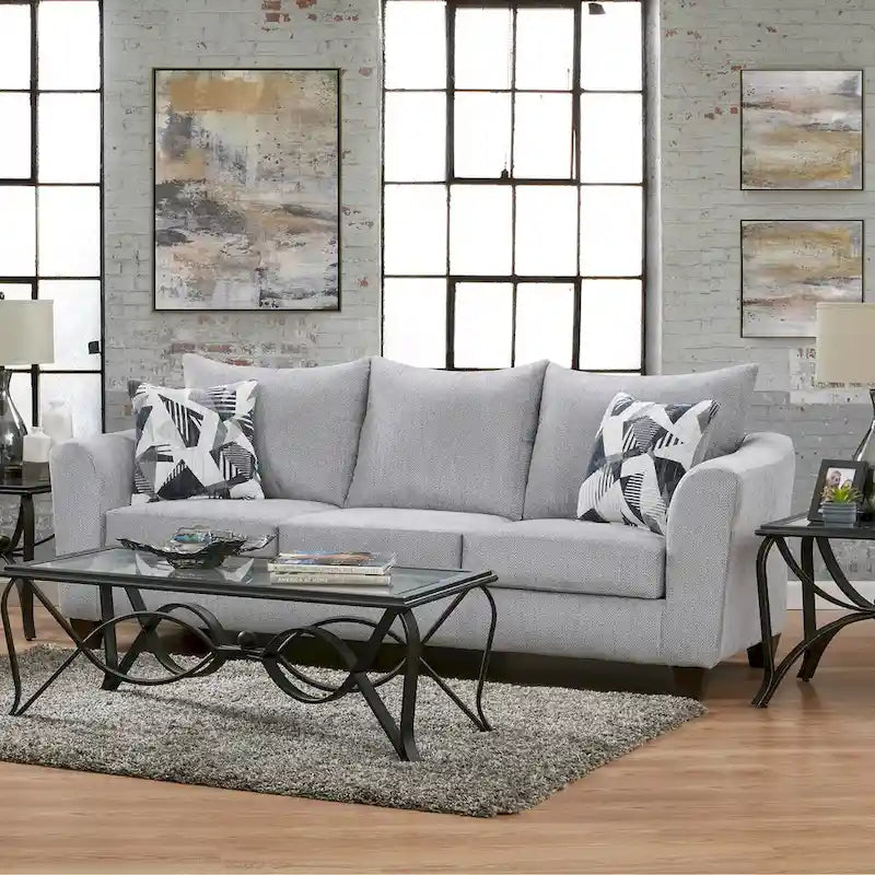 Roundhill Furniture Duleek 2-Piece Living Room Set, Sofa and Cocktail Ottoman, Herringbone Silver