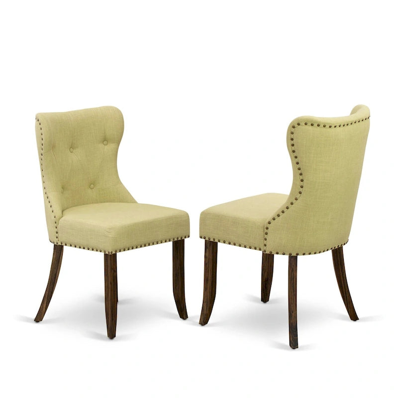 East West Furniture Dining Table Set- a Dining Table & Limelight Linen Fabric Chairs, Distressed Jacobean(Pieces Option)