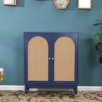 Blue Storage Cabinet with Rattan Doors and Adjustable Shelves