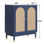Blue Storage Cabinet with Rattan Doors and Adjustable Shelves