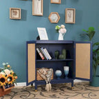 Blue Storage Cabinet with Rattan Doors and Adjustable Shelves