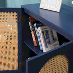 Blue Storage Cabinet with Rattan Doors and Adjustable Shelves