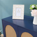 Blue Storage Cabinet with Rattan Doors and Adjustable Shelves