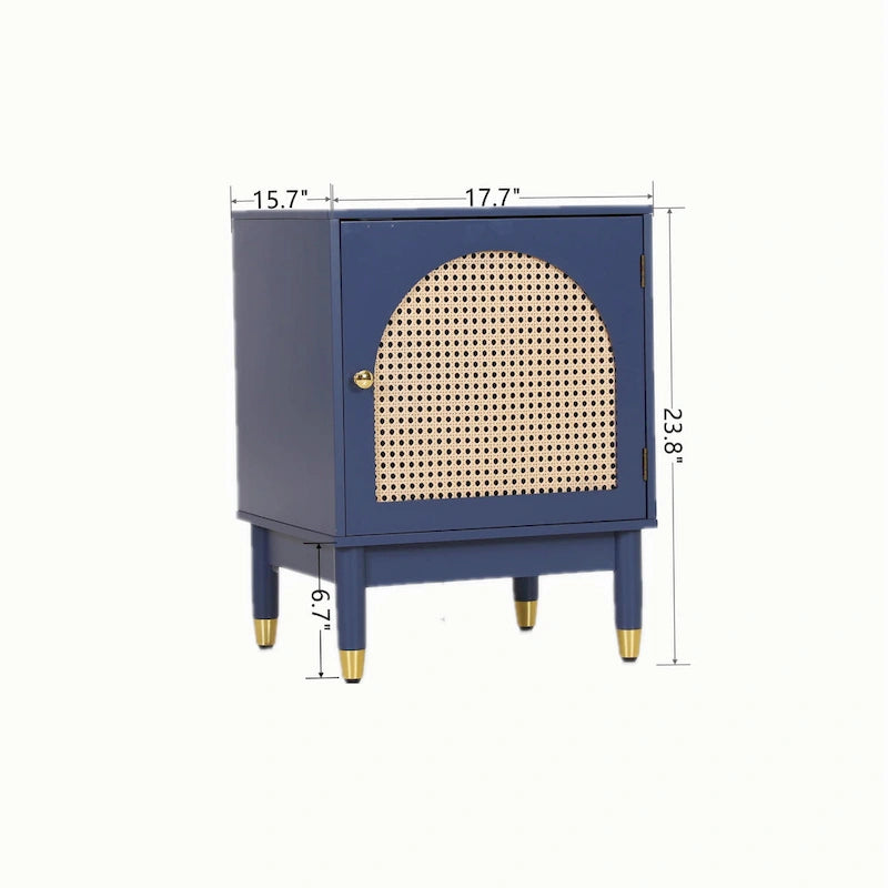 Blue Storage Cabinet with Rattan Doors and Adjustable Shelves