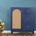 Blue Storage Cabinet with Rattan Doors and Adjustable Shelves