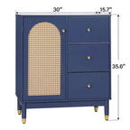Blue Storage Cabinet with Rattan Doors and Adjustable Shelves