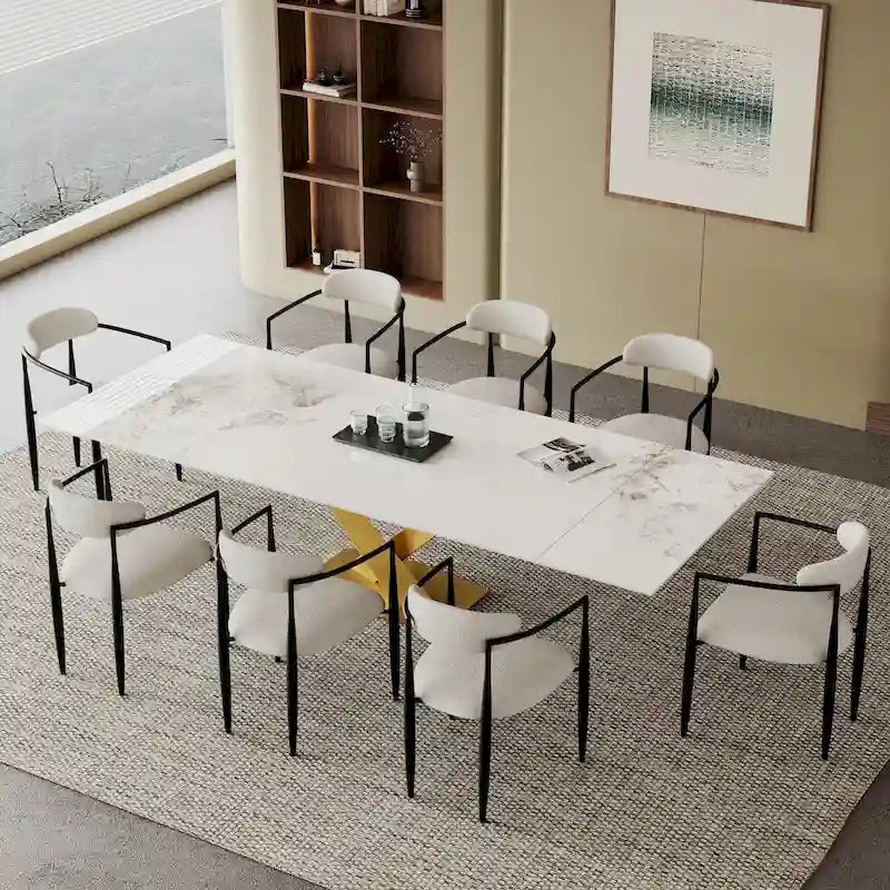 9 - Piece 94.48 Modern Minimalist Extendable Sintered Stone Top Dining Set with 8 Fabric Chair