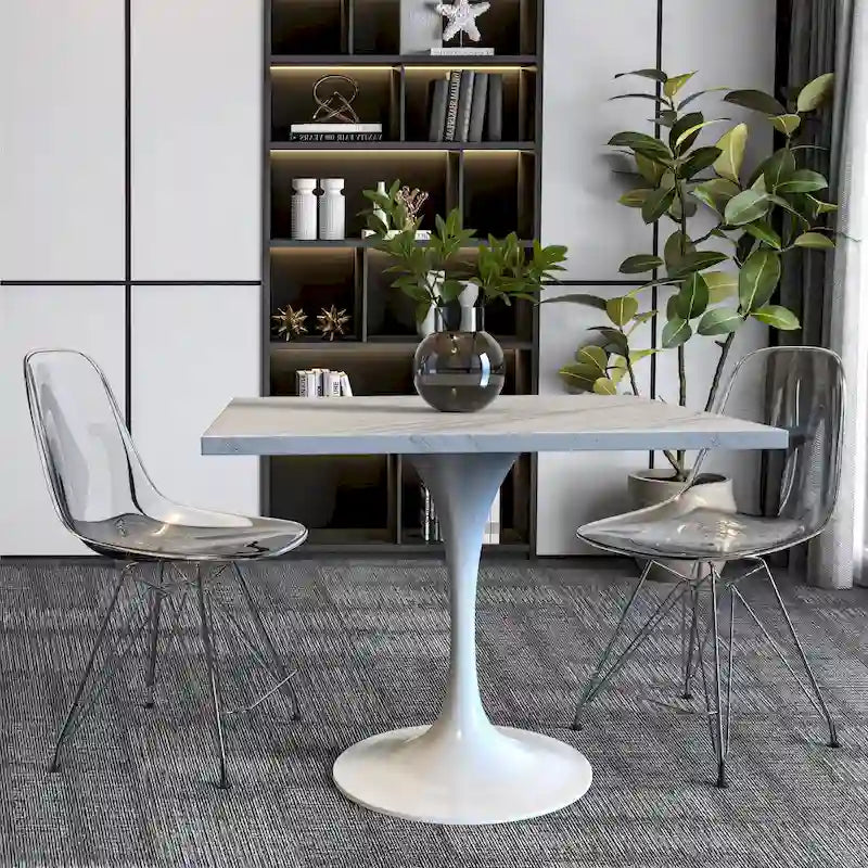 LeisureMod Verve Square Dining Table with Resin Tabletop and White Steel Base for Kitchen and Dining Room