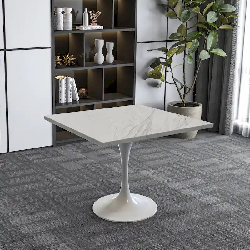 LeisureMod Verve Square Dining Table with Resin Tabletop and White Steel Base for Kitchen and Dining Room