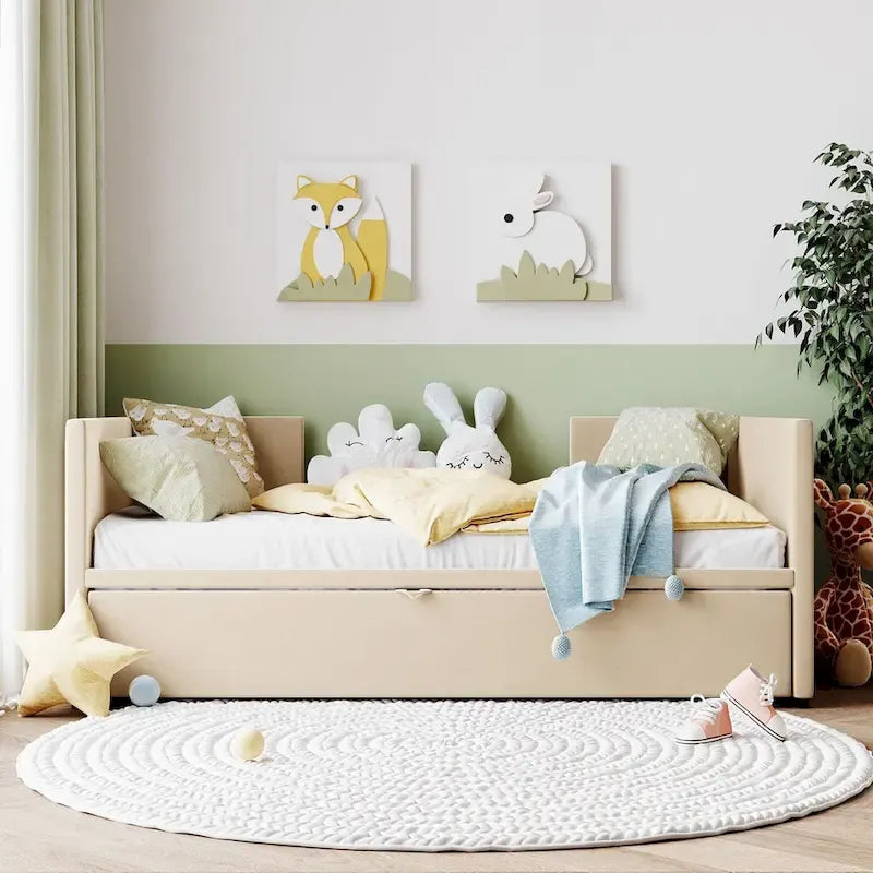 Velvet Upholstered Twin Daybed, Pop Up Trundle, Expandable to King Size, Versatile