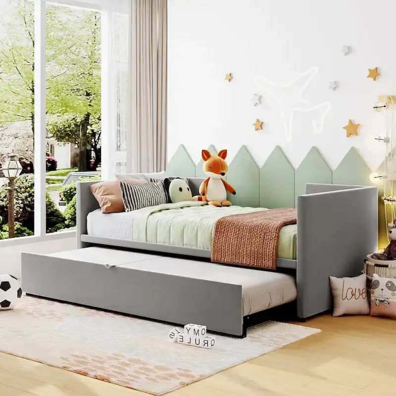 Velvet Upholstered Twin Daybed, Pop Up Trundle, Expandable to King Size, Versatile