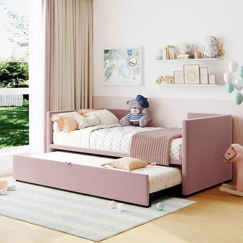 Velvet Upholstered Twin Daybed, Pop Up Trundle, Expandable to King Size, Versatile